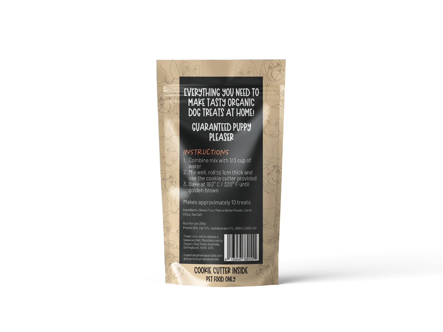 Organic 'Choc' Chip & Peanut Butter Dog Treat Packet Mix & Cookie Cutter - Make at Home Kit